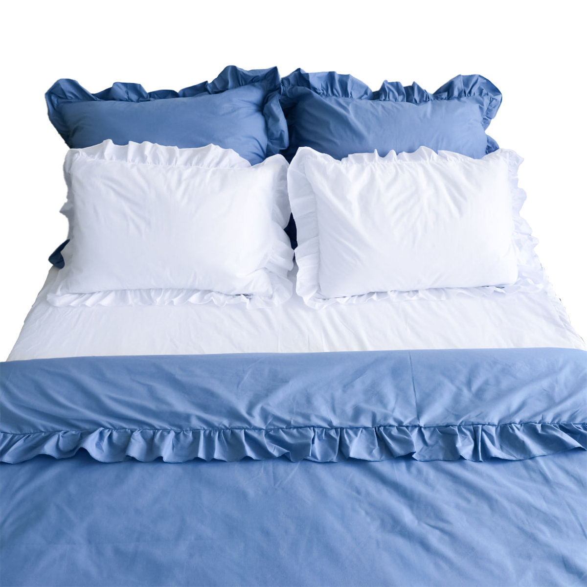 Pościel Bawełniana Z Falbanką Komplet Do Sypialni + 4 Poduszki 160X200 Niebieski Jeans Biel