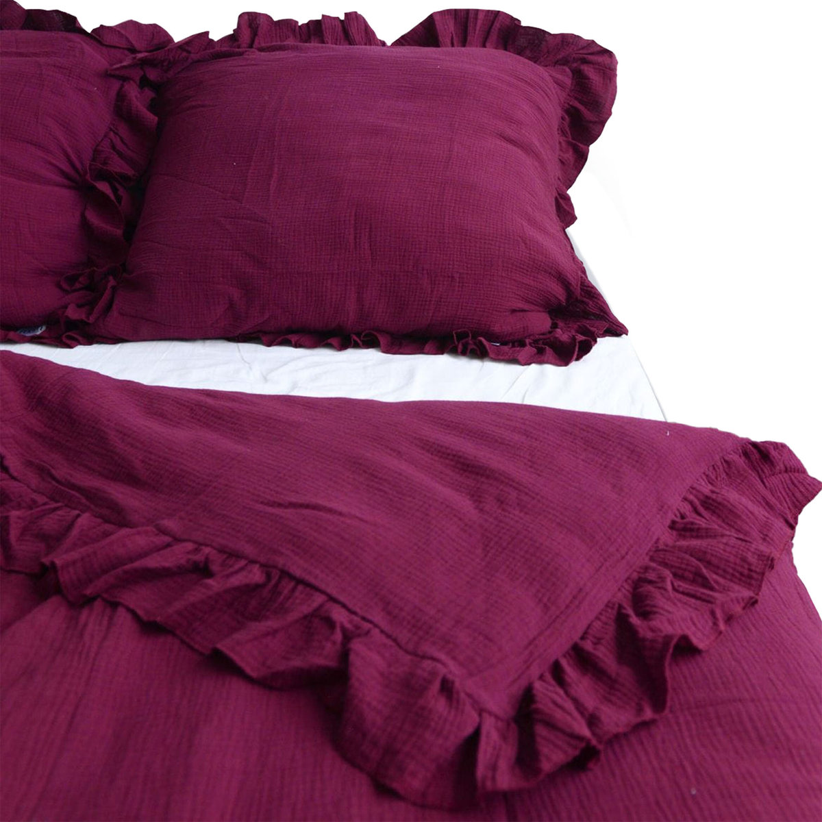 Pościel Muślinowa Z Falbanką Komplet Do Sypialni Bordowa 180X200 Cm + 2 Poduszki 70X80 Cm