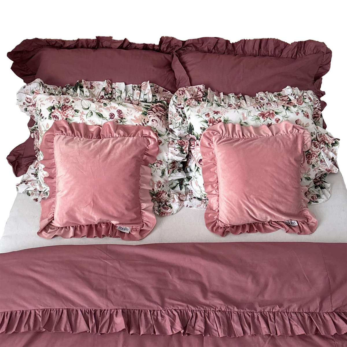 Pościel Bawełniana Z Falbanką Komplet Do Sypialni + 6 Poduszek 220X200 Cm Retro Kwiaty Jasny Róż