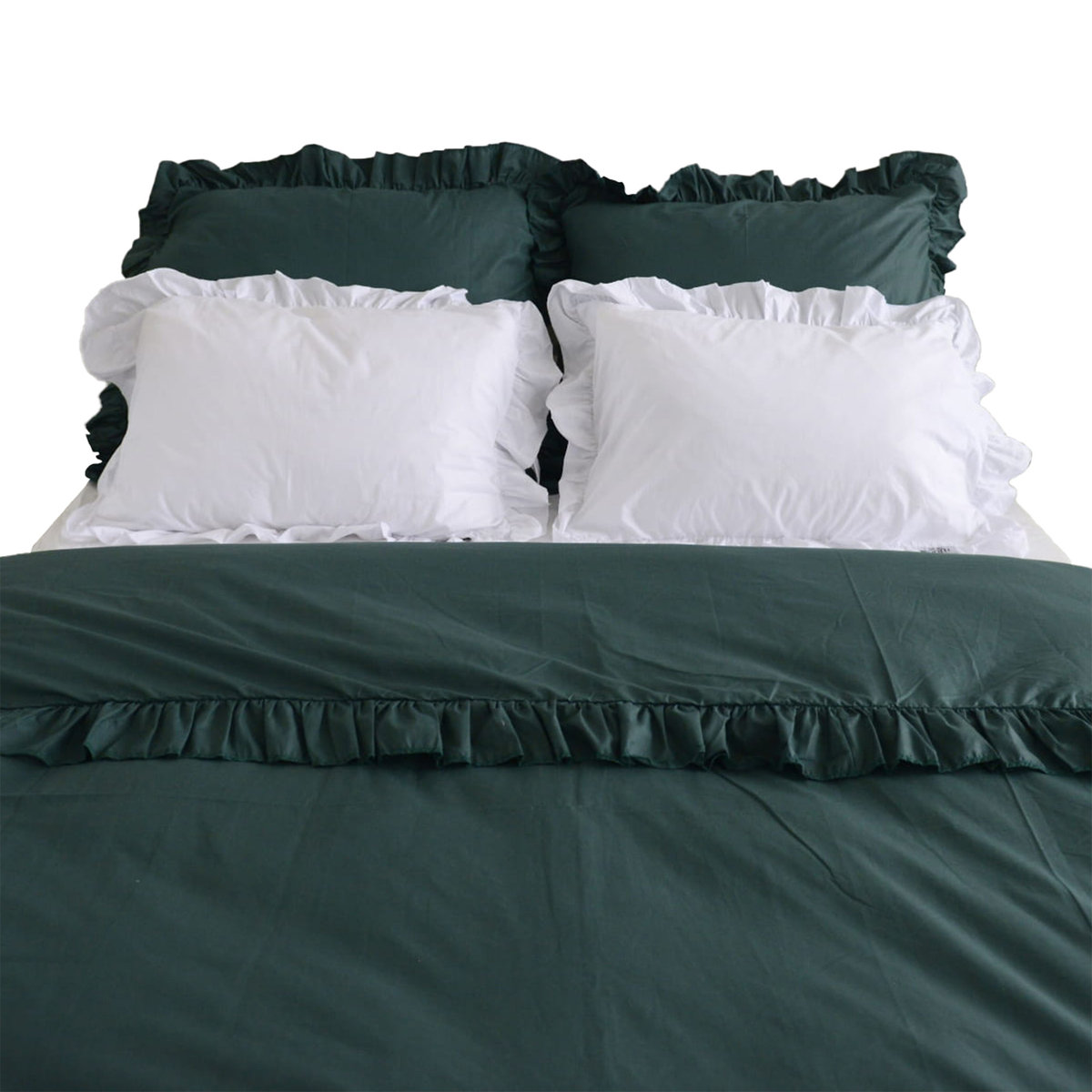 Pościel Bawełniana Z Falbanką Komplet Do Sypialni + 4 Poduszki 200X200 Butelkowa Zieleń Biel