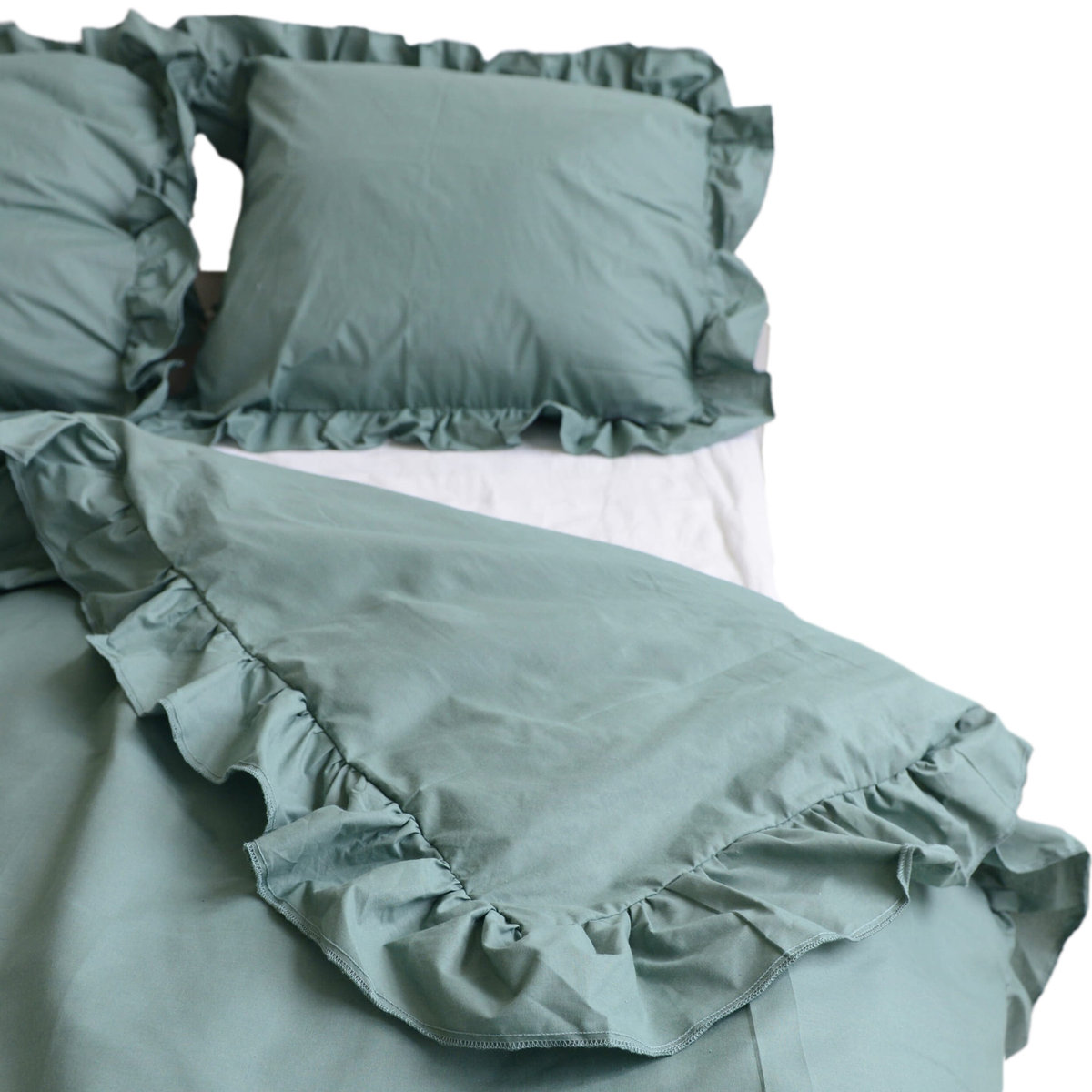 Pościel Bawełniana Z Falbanką Zestaw Komplet Do Sypialni Boho Zieleń 200X200 Cm + 2 Poduszki 70X80 Cm