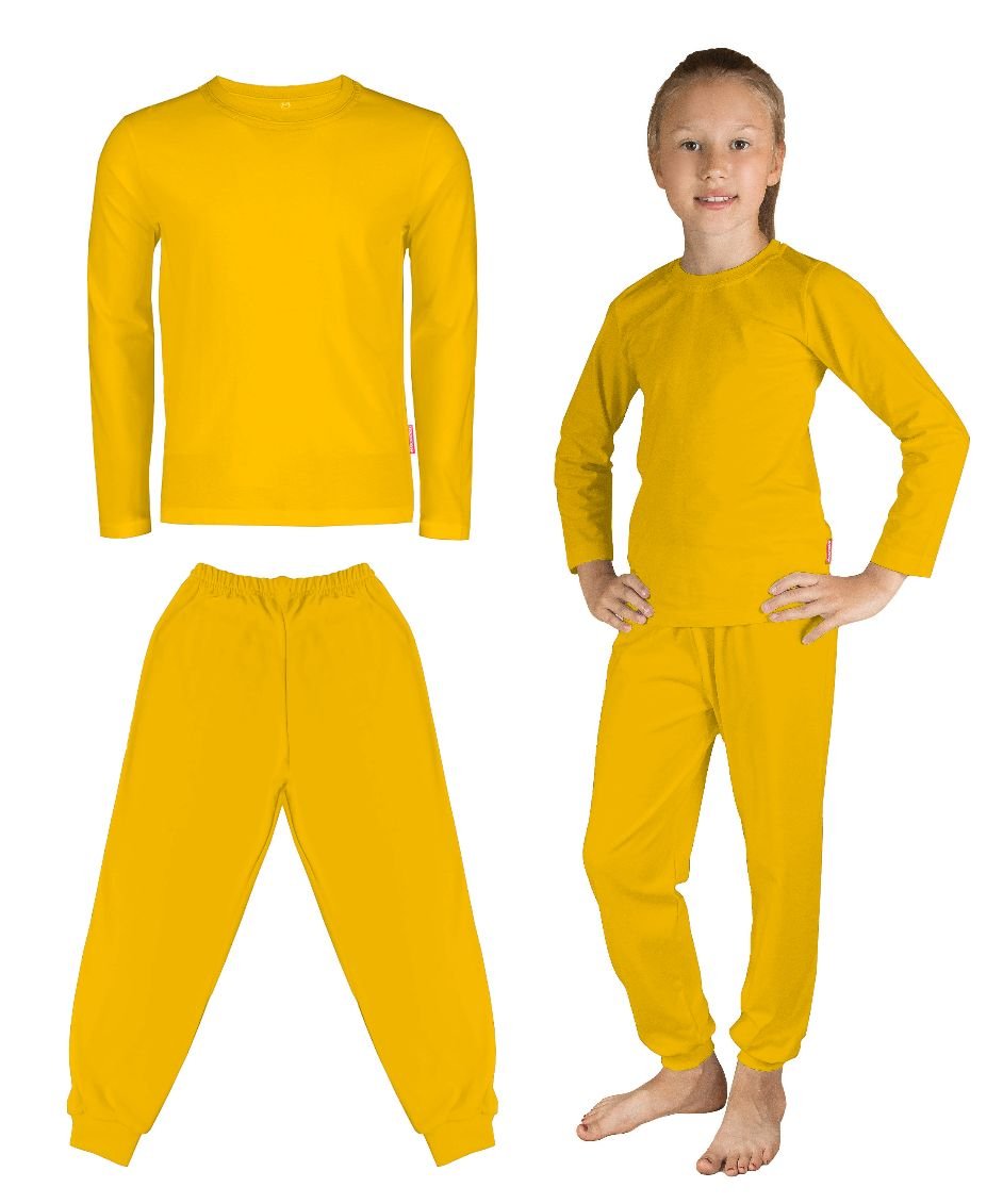 KOMPLET DZIECIĘCY DLA CHŁOPCA DZIEWCZYNKI ŻÓŁTA BLUZKA Z DŁUGIM RĘKAWEM DŁUGIE ŻÓŁTE SPODNIE STRÓJ KOSTIUM BAWEŁNIANY 122
