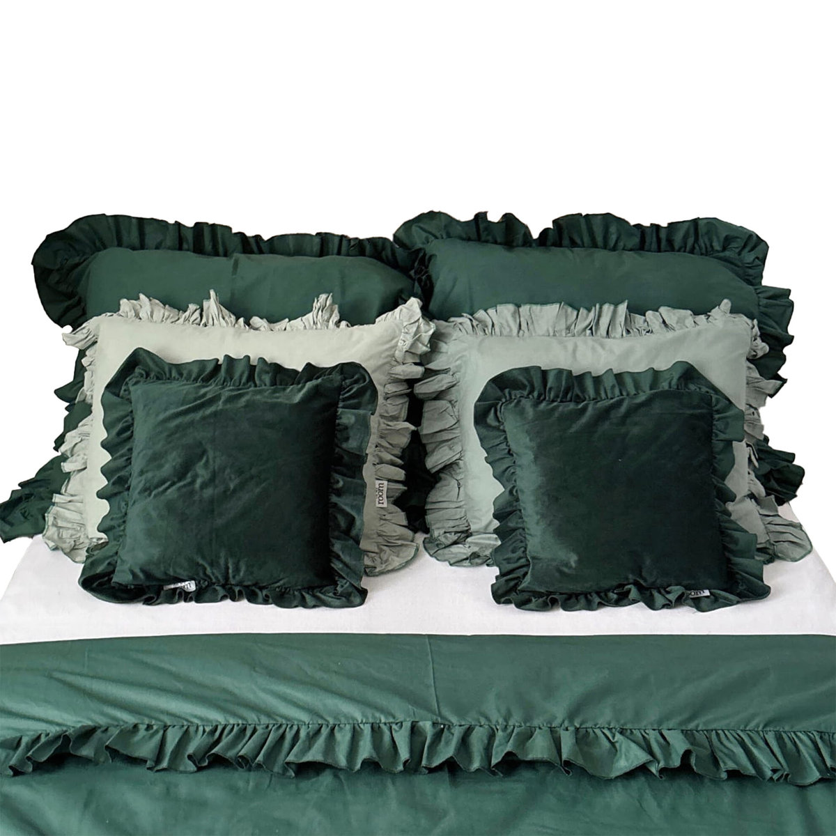 Pościel Bawełniana Z Falbanką Komplet Do Sypialni + 6 Poduszek 220X200 Cm Butelkowa Zieleń Boho