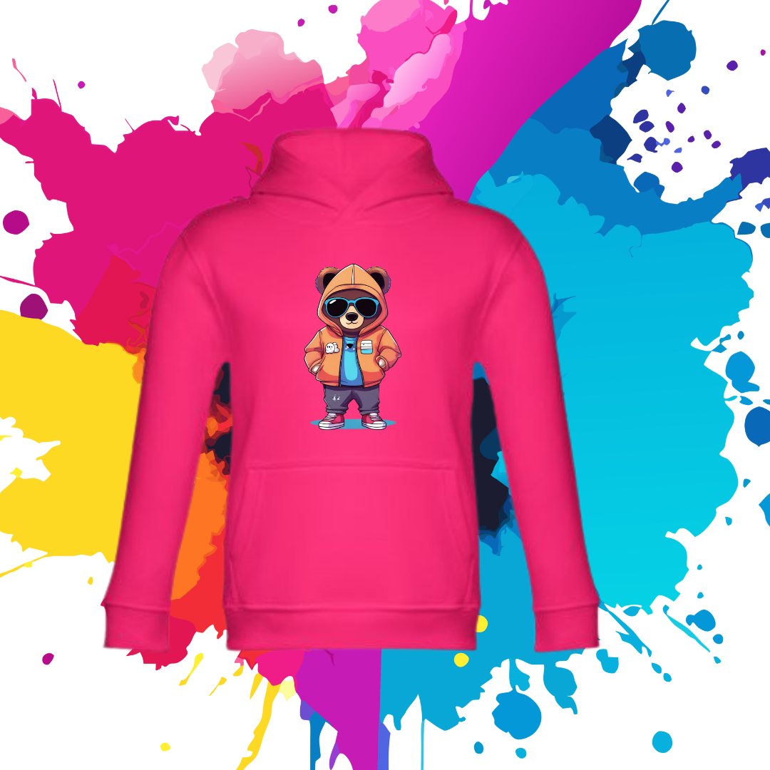 Bluza dziecięca typu kangurka z kapturem w kolorze różowym z nadrukiem Miś Leszek 4 lata