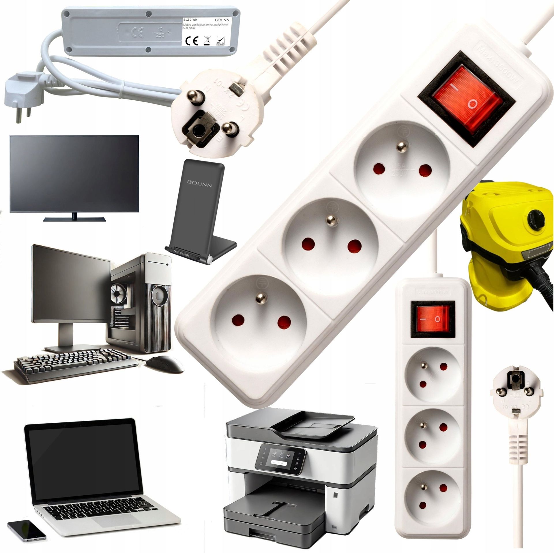 Listwa zasilająca Bounn BOUNN listwa zasilajÄ ca antyprzepiÄciowa 3 gniazda 5 m biaÅa 16A