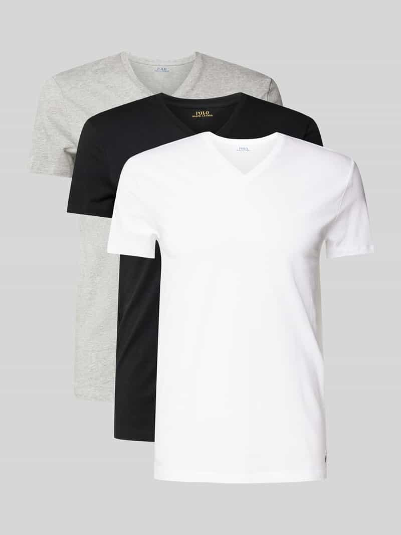 T-shirt z prążkowanym dekoltem w serek w zestawie 3 szt.