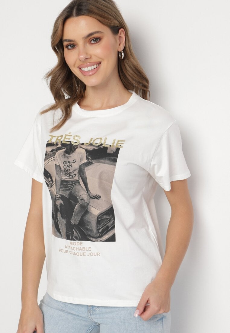 Biały T-shirt z Bawełny Ozdobiony Nadrukiem i Brokatem Marionel