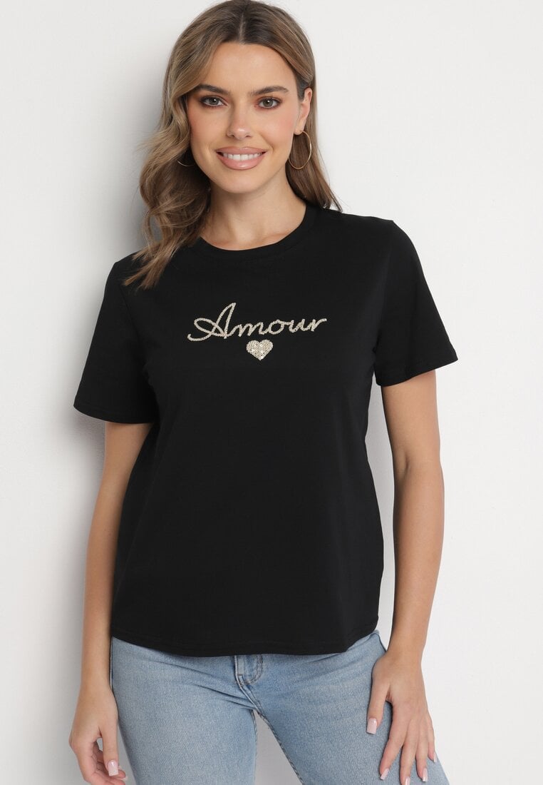 Czarna Bluzka z Bawełny Ozdobiona Napisem Nalavenne