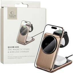 Tech-Protect Ładowarka indukcyjna Qi15W A42 3w1 Magnetic Stand and Wireless Charger do MagSafe, Qi, złota