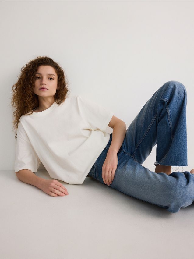 Reserved - T-shirt oversize - złamana biel