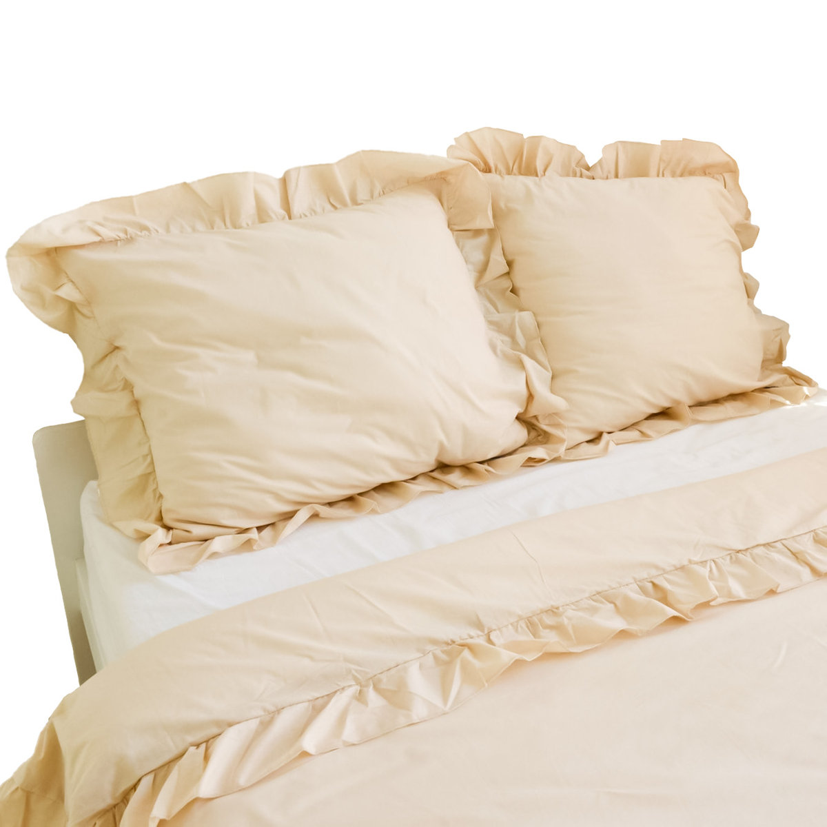 Pościel Bawełniana Z Falbanką Zestaw Komplet Do Sypialni Beżowa 160X200 Cm + 2 Poduszki 70X80 Cm