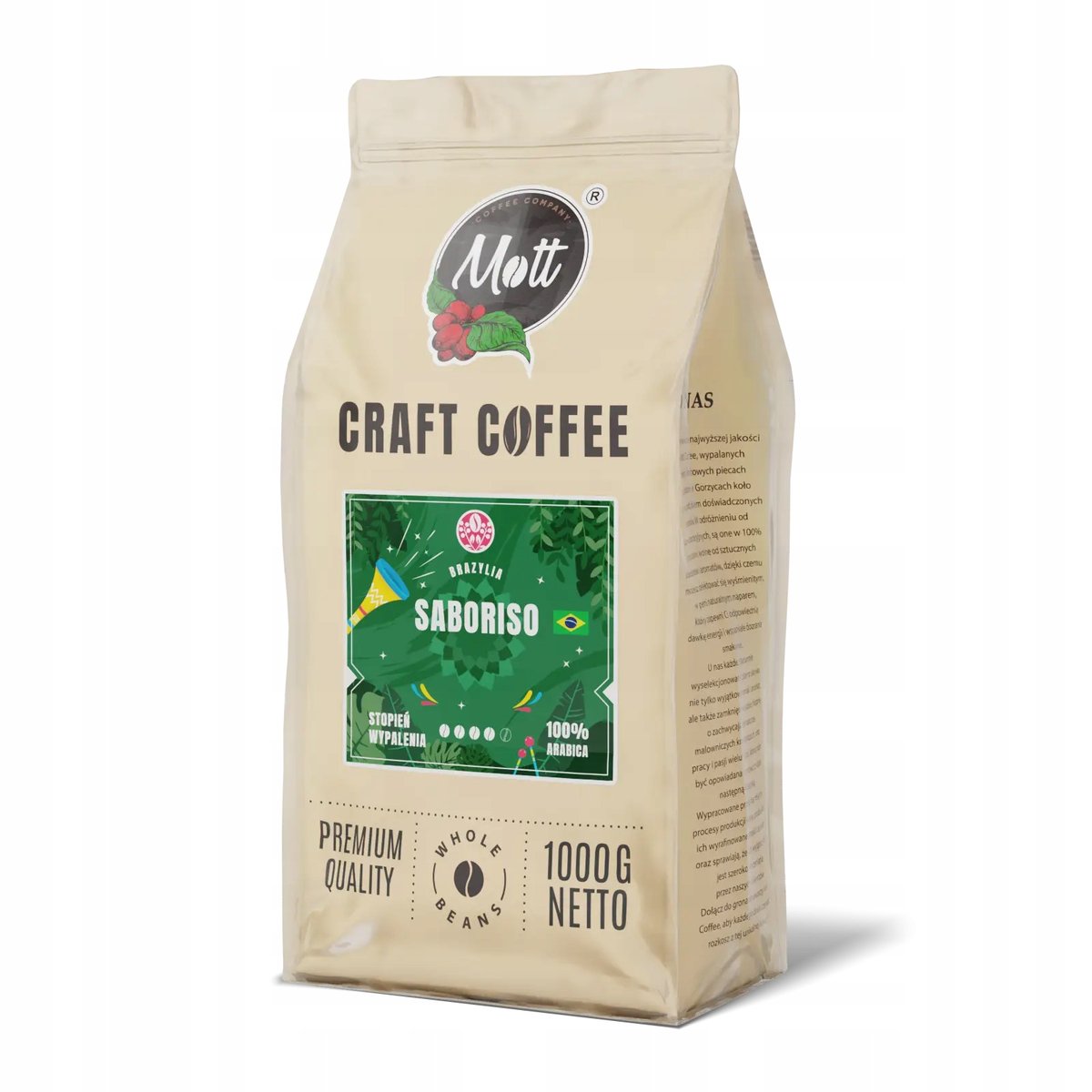 Kawa ziarnista 1kg - 100% Arabica - Świeżo Palona - Brazylia Saboriso