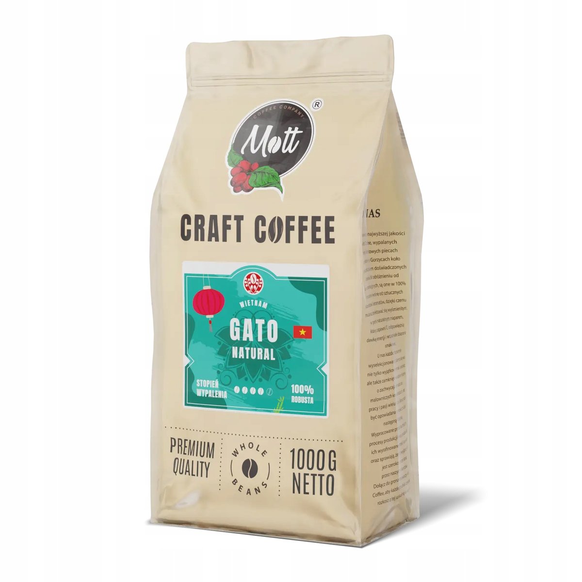 Kawa ziarnista 1kg - 100% Robusta - Świeżo Palona - Mott Gato Wietnam
