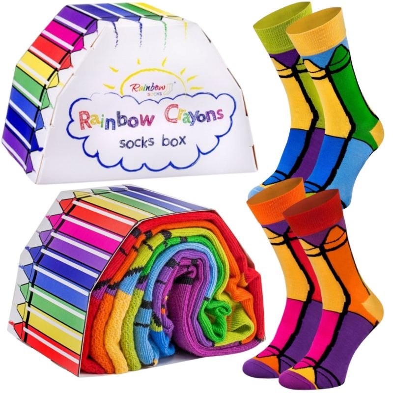 Skarpetki Bawełniane Ciekawe Na Prezent Tęczowe Radosne Kolorowe Rainbow Socks 2 Pary Crayons Box 47-50