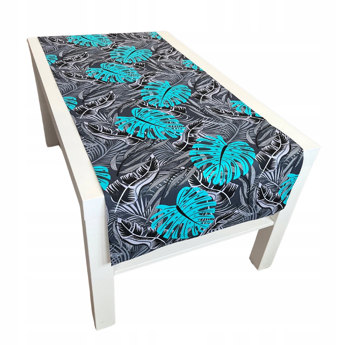 Houseartlife Obrus Bieżnik Na Stół 100% Bawełna Turkusowe Liście 125X45 Cm