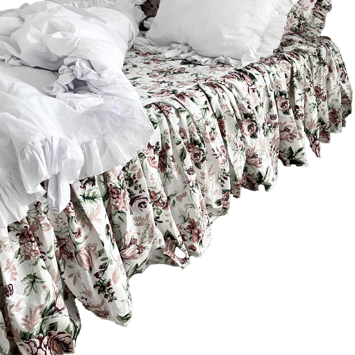 Prześcieradło Na Łóżko Bawełniane Z Ozdobną Falbanką Retro Kwiaty 150X200 Cm