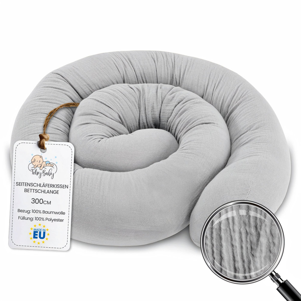 Poduszka boczna do spania muślinowa poduszka na ciało węża 300 cm - długa poduszka bed roll poduszka do spania pod szyję szara