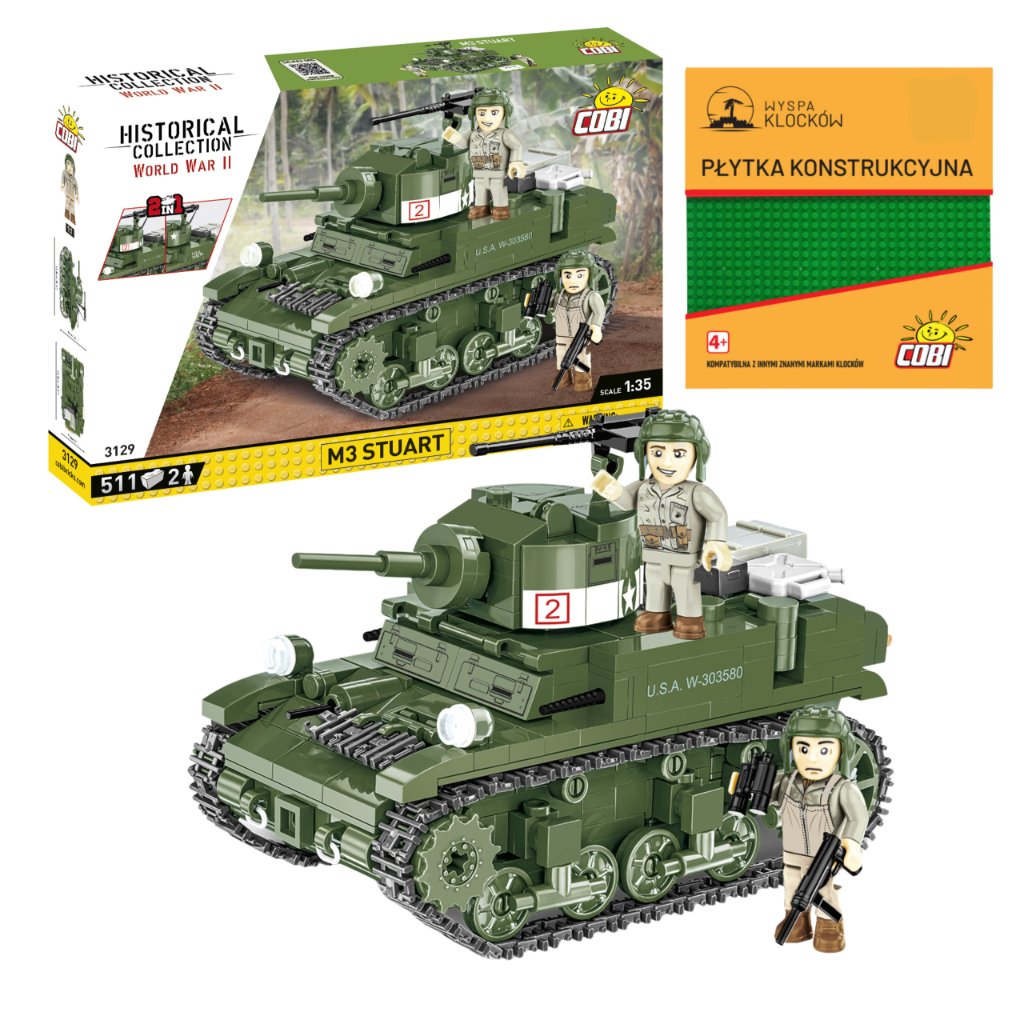 Klocki Cobi 3129 Czołg M3 Stuart Ww2 511 El. + Płytka