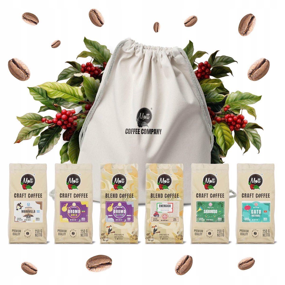 Zestaw Degustacyjny Kaw Ziarnistych 6x250g Świeżo Palona Arabica i Robusta