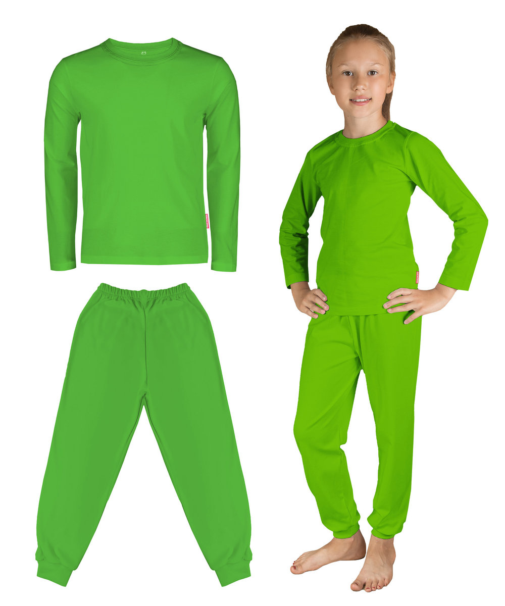 BAWEŁNIANY KOMPLET DZIECIĘCY BLUZKA DŁUGI RĘKAW DŁUGIE SPODNIE GŁADKI ZESTAW ZIELONY DLA CHŁOPCA DZIEWCZYNKI STRÓJ KOSTIUM 122