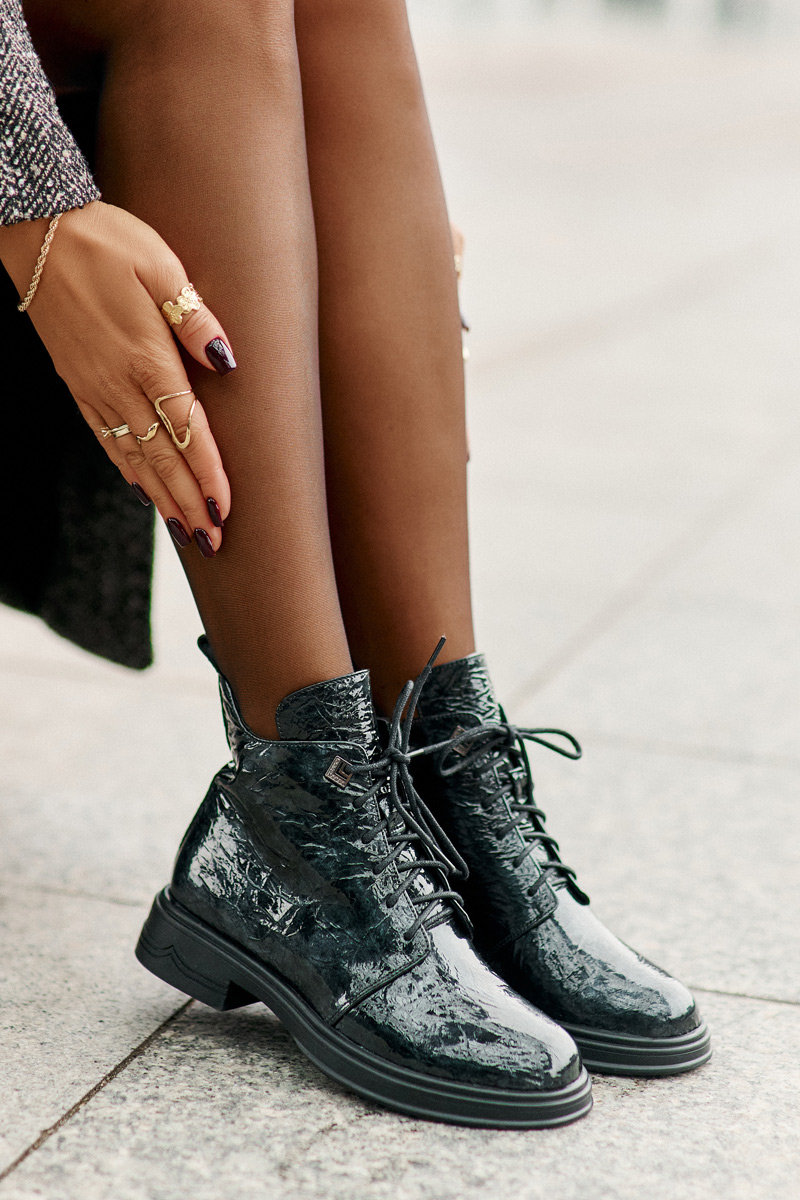 Skórzane Lakierowane Botki Damskie Ocieplane Na Zamek D&A LZ42-042 Ciemnozielone-37