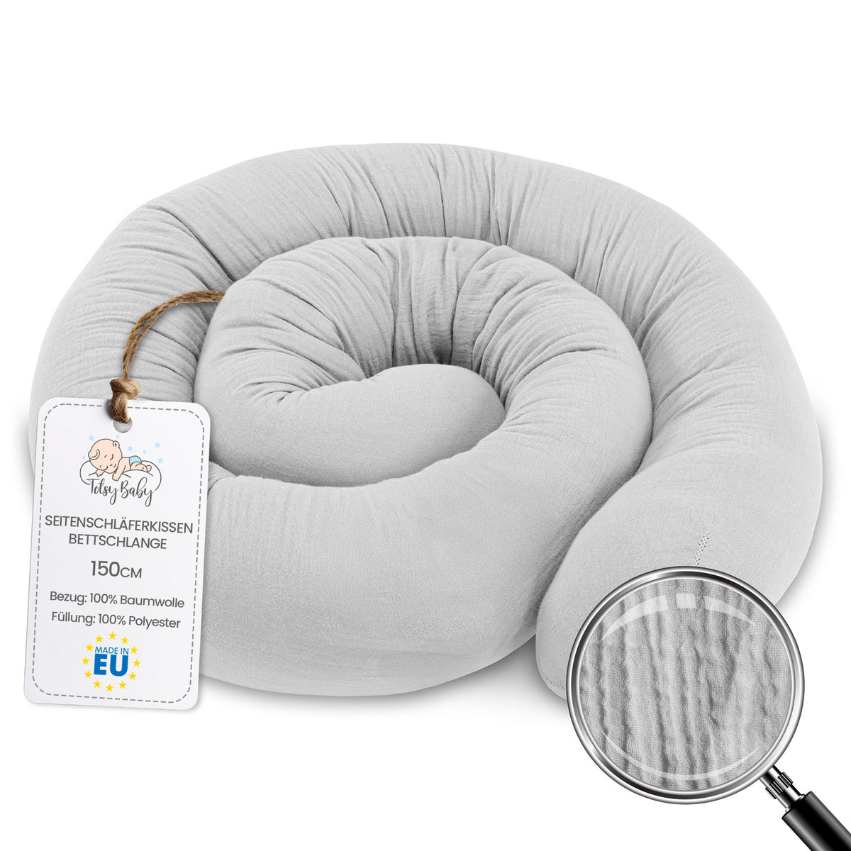 Poduszka boczna do spania muślinowa poduszka na ciało węża 150 cm - długa poduszka bed roll poduszka do spania pod szyję szara