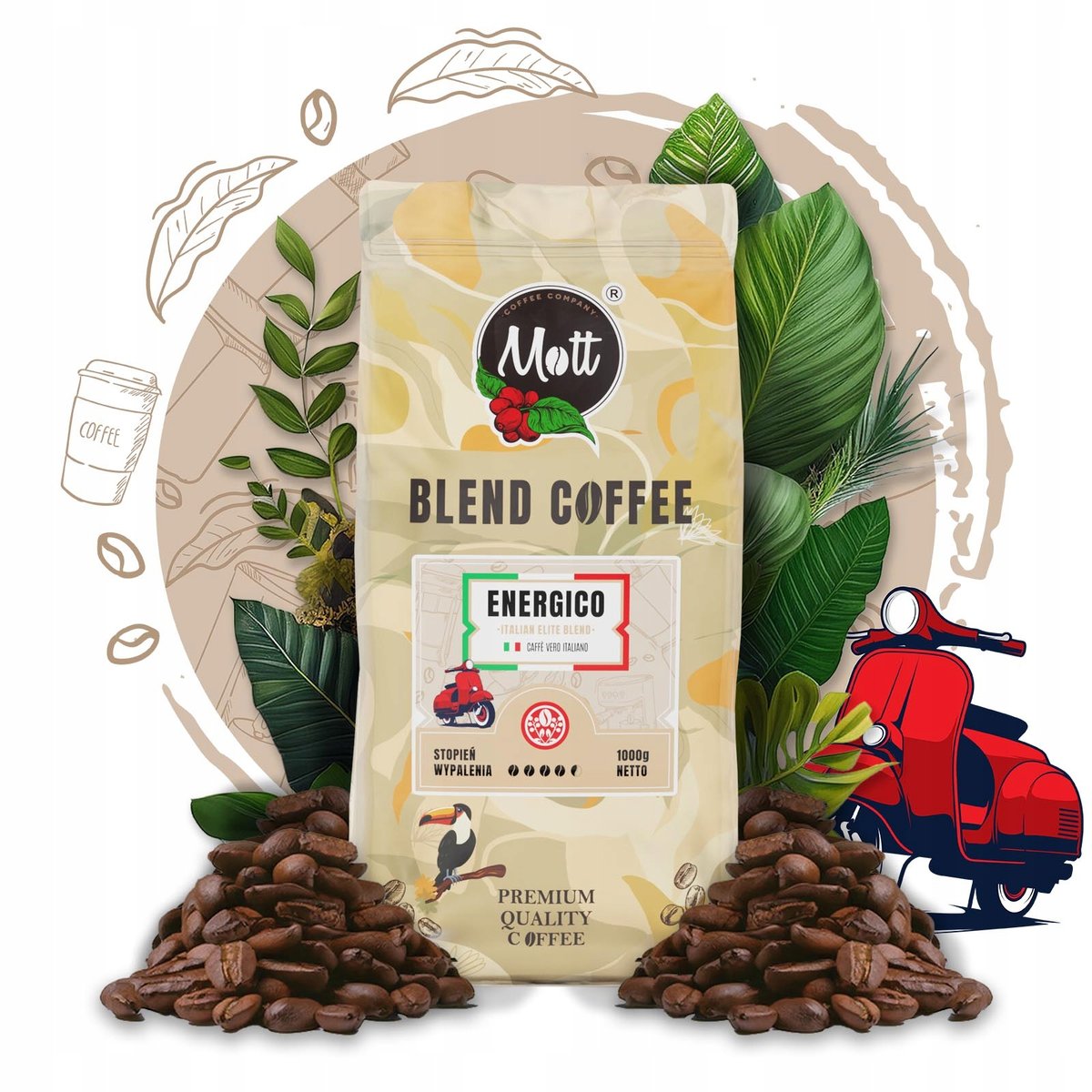 Kawa ziarnista 1kg - 100% Arabica - Świeżo Palona - Mott Energico Włoska