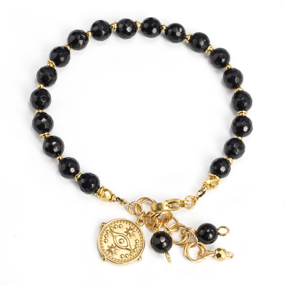 Bransoletka onyks stal chirurgiczna pozłacana, zawieszka talizman złe oko / JG. Projekt