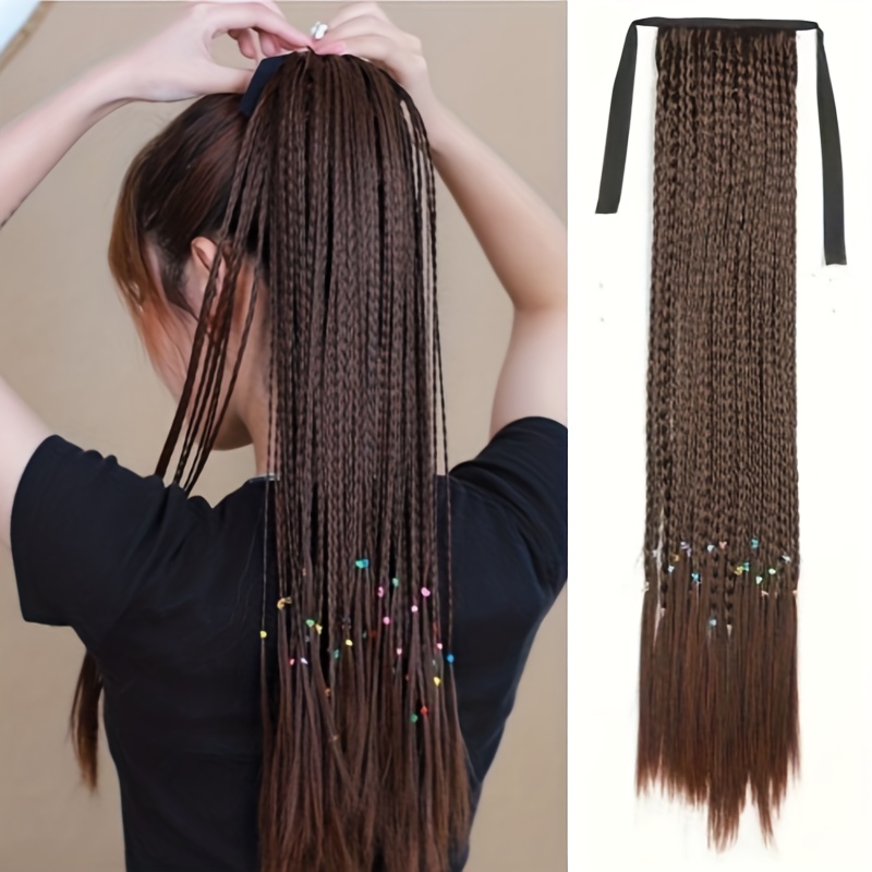 TEMU Warkocze typu box braid z kokardą owiniętą wokół kucyka, syntetyczne przedłużanie włosów, eleganckie do codziennego użytku, akcesoria do włosów,