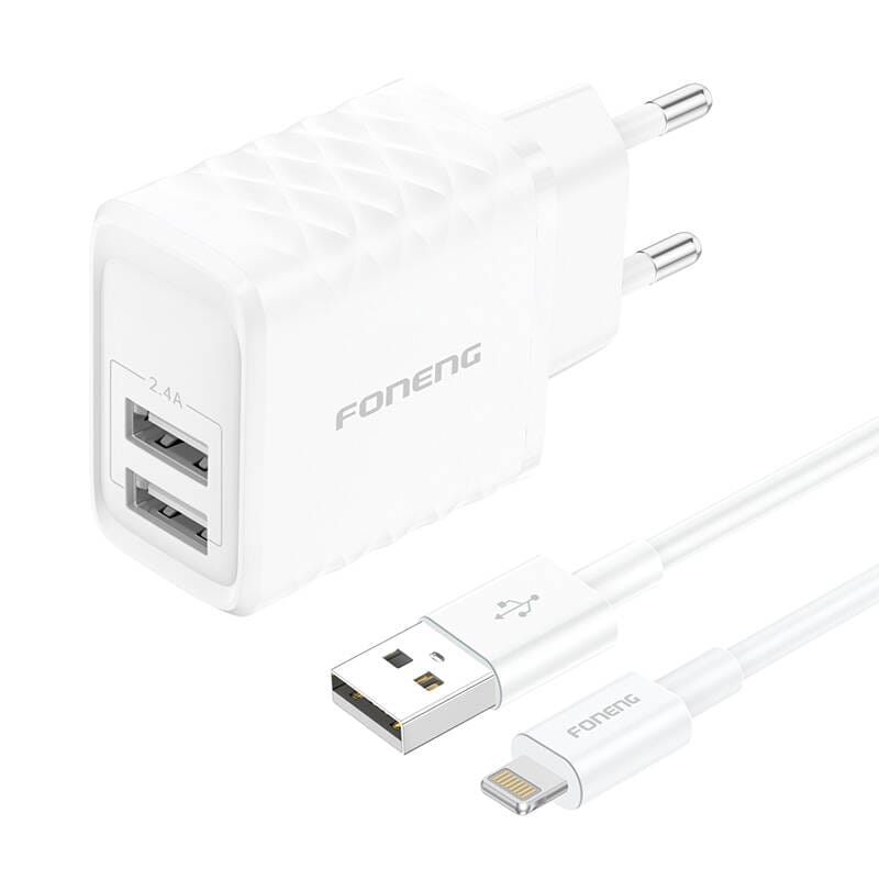 FONENG ładowarka sieciowa EU53 2.4A 12W 2xUSB + kabel Lightning Biały