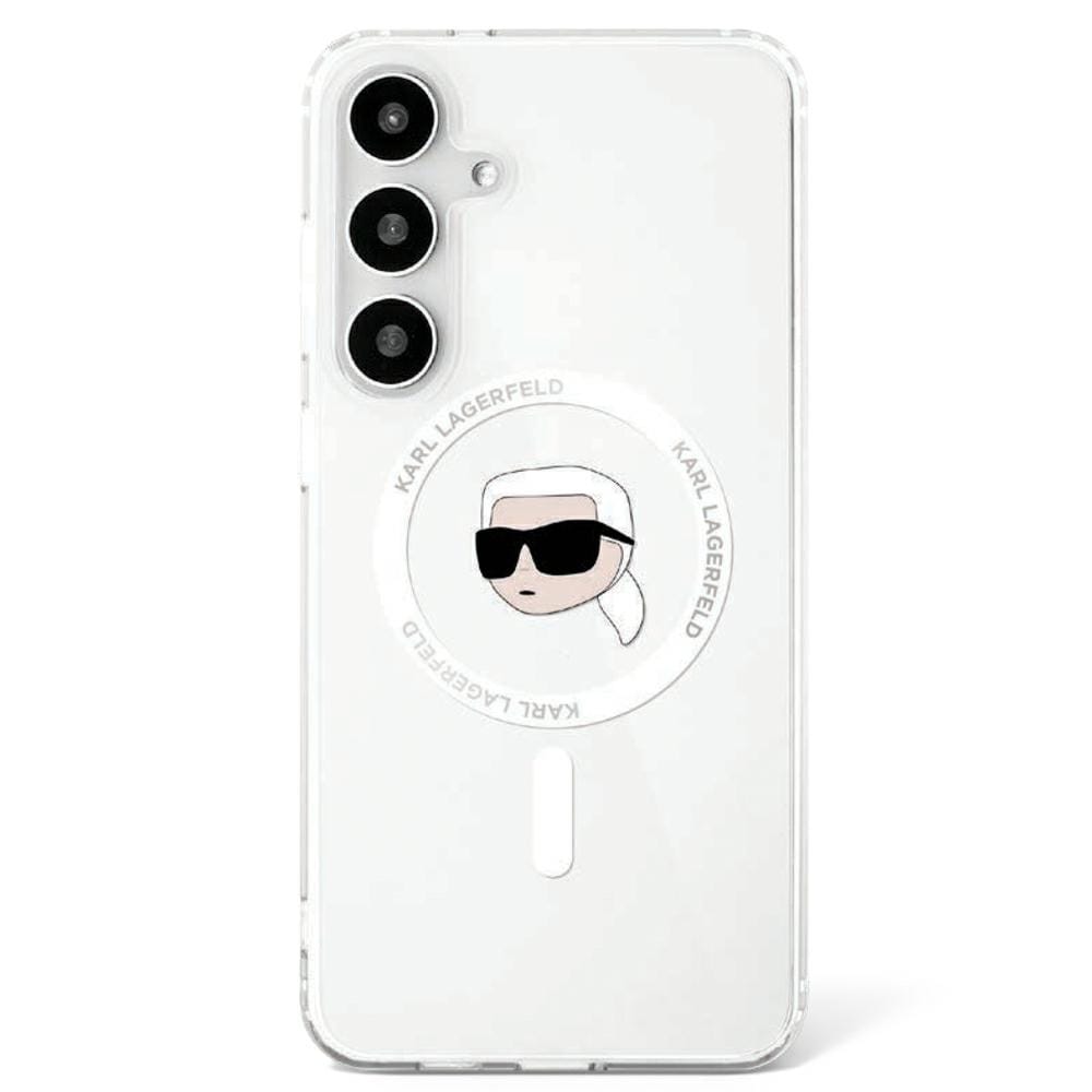 Karl Lagerfeld Etui Button Karl Head Printed Logo MagSafe do Galaxy S25, półprzezroczyste z białym