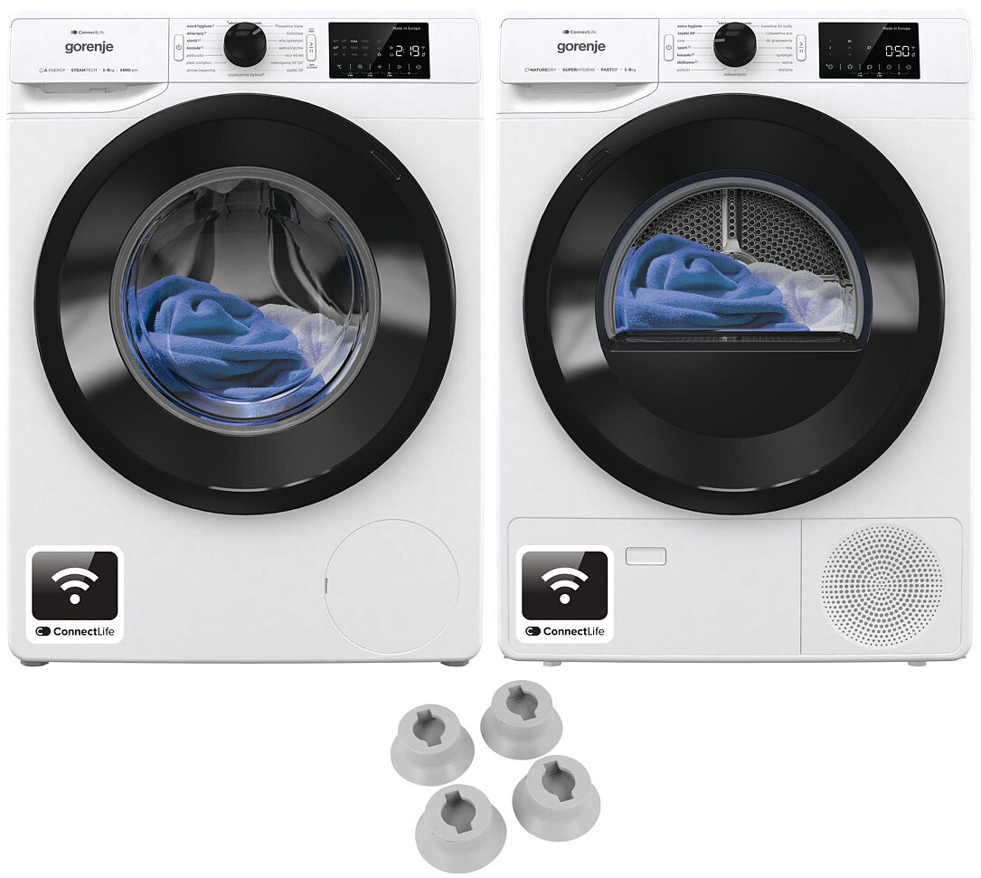 Zestaw AGD Gorenje Pralka WPNEI84A1SWIFI/PL + Suszarka DPNE83GNLWIFI/PL + Nóżki próżniowe AW012