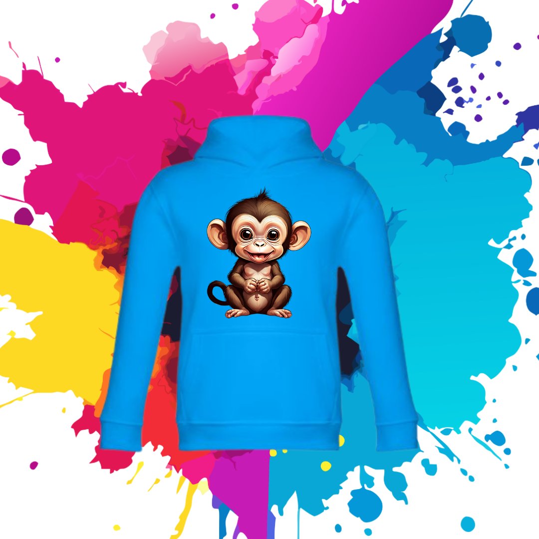 Bluza dziecięca typu kangurka z kapturem w kolorze błękitnym z nadrukiem małpka 6 lat