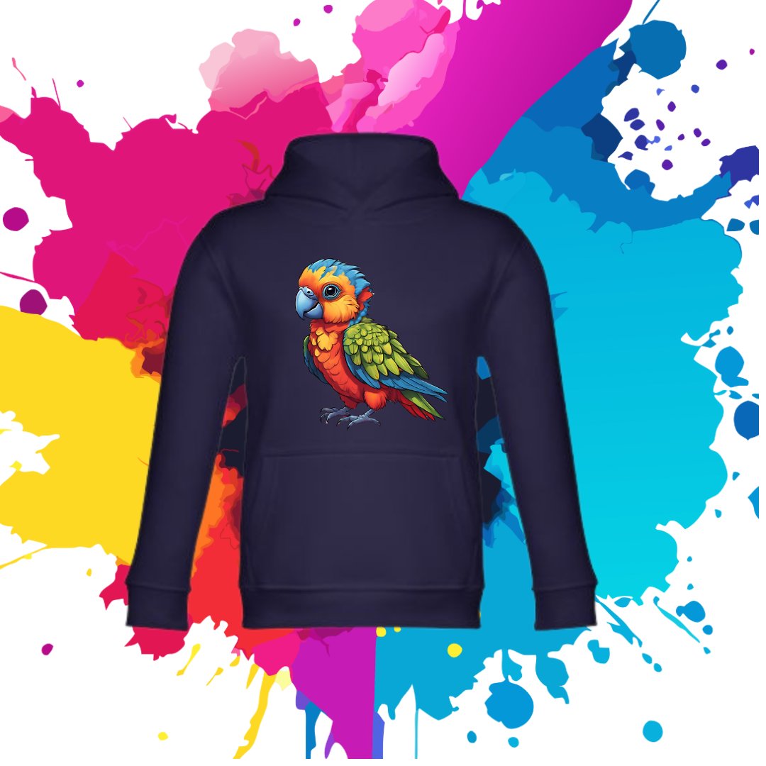 Bluza dziecięca typu kangurka z kapturem w kolorze granatowym z nadrukiem papuga 4 lata