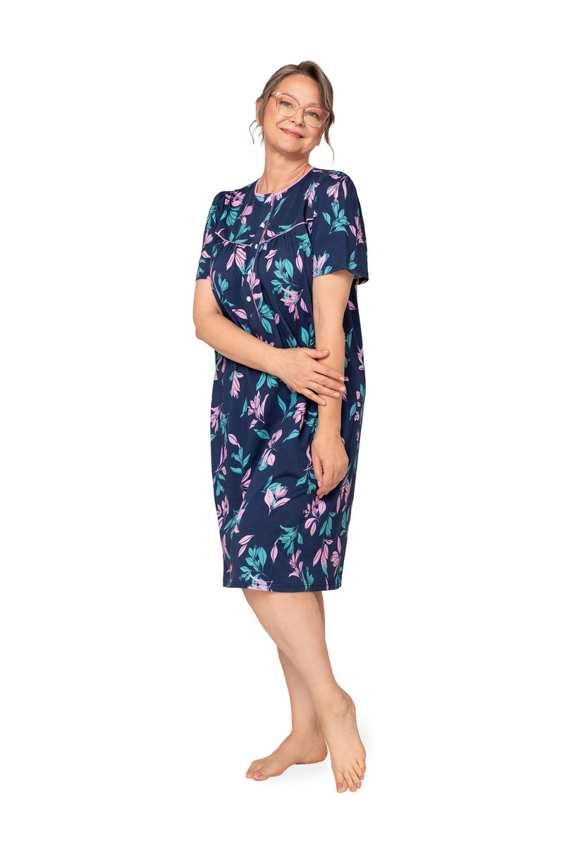 KOSZULA NOCNA DAMSKA 2XL KRÓTKI RĘKAW BAWEŁNIANA LUŹNA ROZPINANA GRANATOWA