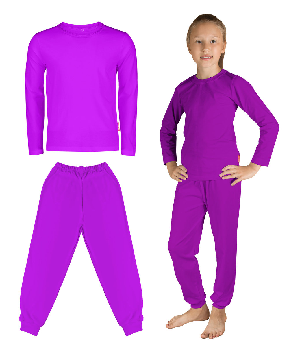 KOMPLET DZIECIĘCY BAWEŁNIANY FIOLETOWA BLUZKA DŁUGI RĘKAW FIOLETOWE DŁUGIE SPODNIE CHŁOPIEC DZIEWCZYNKA NA KOSTIUM PRZEBRANIE GŁADKI 116