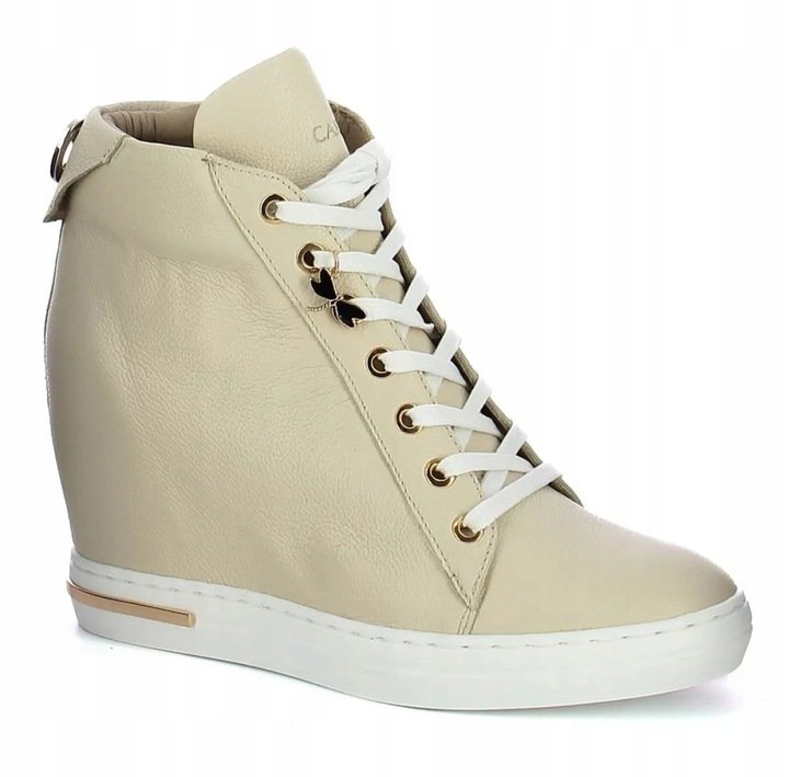 Beżowe sneakersy wysokie damskie CARINII B9505-R25 skóra modne z ozdobą r.40