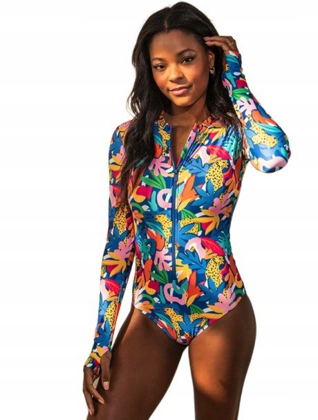JEDNOCZĘŚCIOWY KOLOROWY STRÓJ KĄPIELOWY DŁUGI RĘKAW ZAMEK LIŚCIE XXL