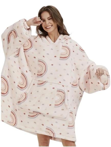 BLUZA PLUSZOWA Z KAPTUREM RÓŻOWA COMFY KOC OVERSIZE CIEPŁA WZÓR TĘCZA