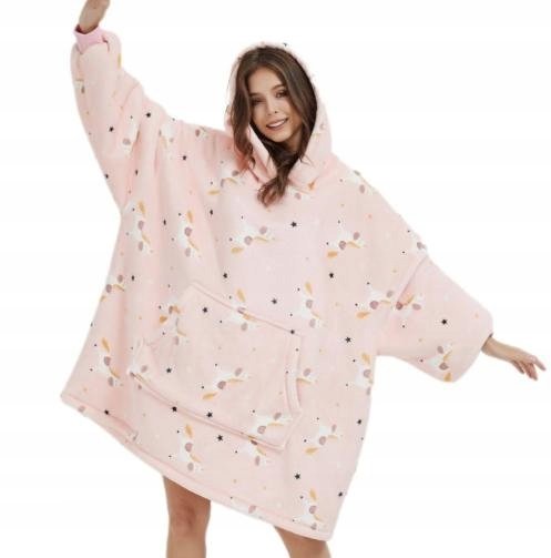 BLUZA PLUSZOWA Z KAPTUREM COMFY KOC OVERSIZE CIEPŁA WZÓR UNICORN RÓŻOWY