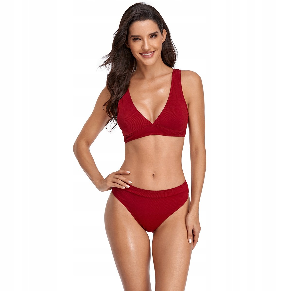 STRÓJ KĄPIELOWY BIKINI SPORTOWY CZERWONY MODNY GŁADKI SEKSOWNY S