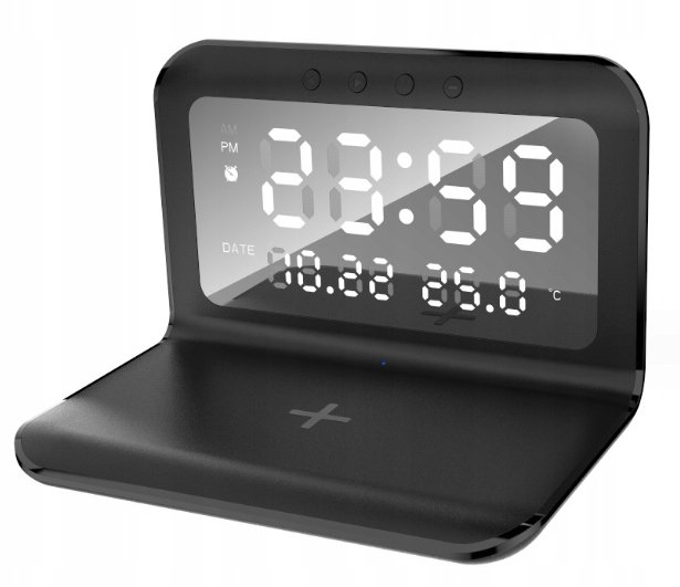 INDUKCYJNA ŁADOWARKA QI Z ZEGARKIEM ZEGAR BUDZIK TEMPERATURA BEZPRZEWODOWA