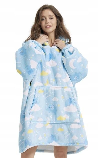 BLUZA PLUSZOWA Z KAPTUREM COMFY KOC OVERSIZE CIEPŁA BŁĘKITNA CHMURY SŁONIK