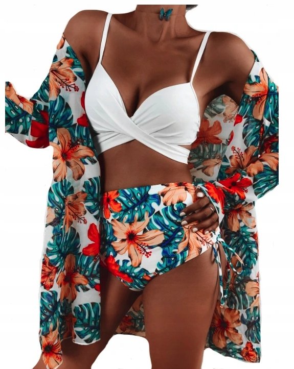 STRÓJ KĄPIELOWY BIKINI KIMONO KWIATY TROPIKALNE M