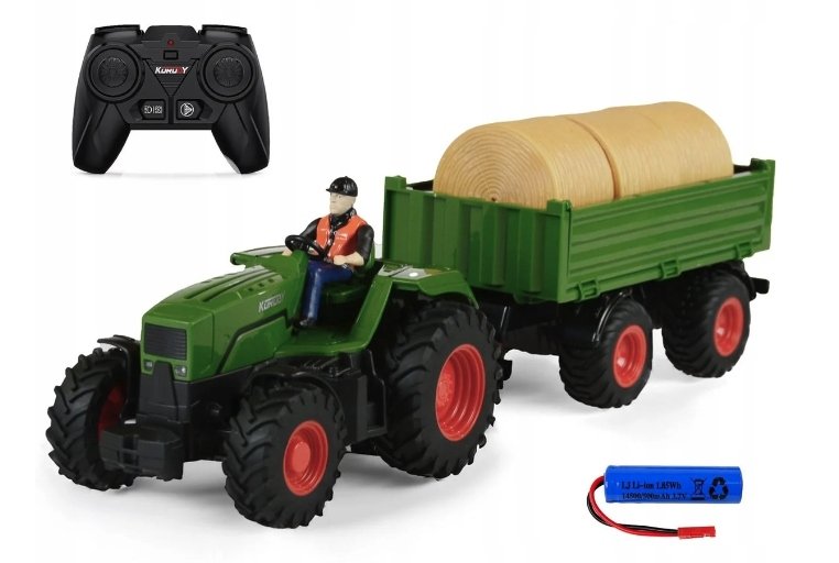 TRAKTOR ZDALNIE STEROWANY CIĄGNIK Z PRZYCZEPĄ FIGURKA GUMOWE KOŁA ZABAWKA