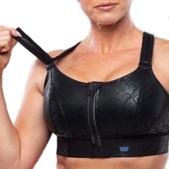 BIUSTONOSZ SPORTOWY SHEFIT CZARNY Z NIEBIESKIM WĘŻOWY MOCNE PODTRZYMANIE REGULOWANY 2XL