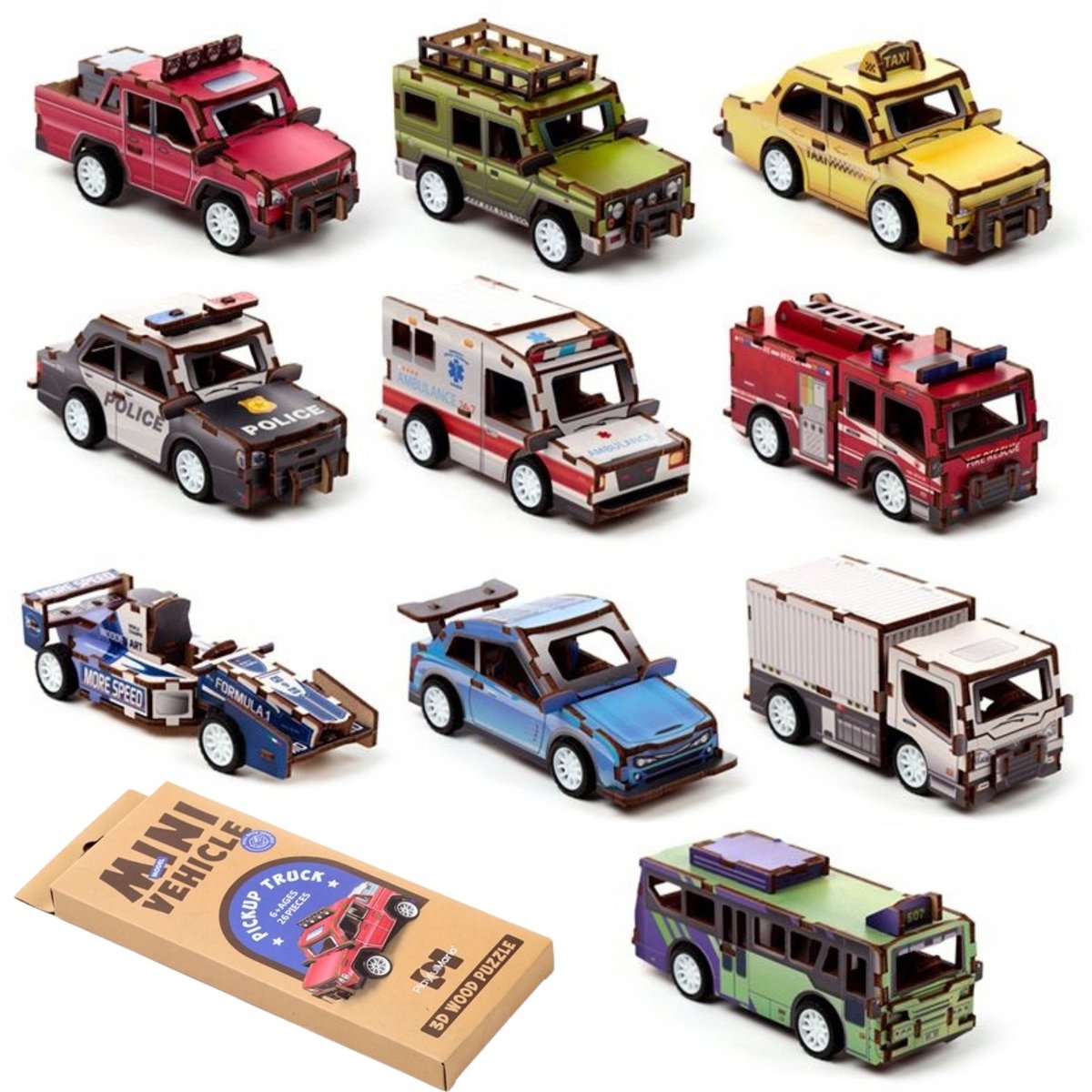 Puzzle Drewniane 3D MINI ZESTAW 10 SAMOCHODÓW MODEL SKŁADANE AUTA PREZENT