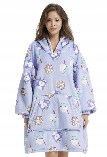 BLUZA PLUSZOWA Z KAPTUREM COMFY KOC OVERSIZE CIEPŁA PINGWIN ŚNIEŻYNKA ZIMA