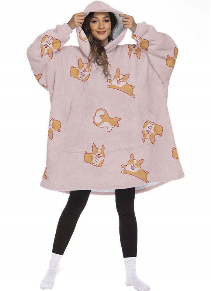 BLUZA PLUSZOWA Z KAPTUREM RÓŻOWA COMFY KOC OVERSIZE CIEPŁA PIESKI CORGI