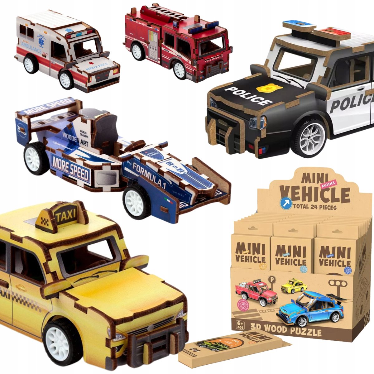 Puzzle Drewniane 3D MINI ZESTAW 24 SAMOCHODZIKÓW MODEL AUTA PREZENT